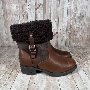 UGG Brown Leather Sherpa Fold-Over Winter Ankle Boots Buckle Detail Size‎ 7